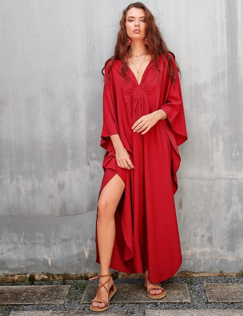 Bsubseach Women Solid Color Cover Up V Neck Batwing Sleeve Plus Size Beach Kaftan Dresses - Image 3
